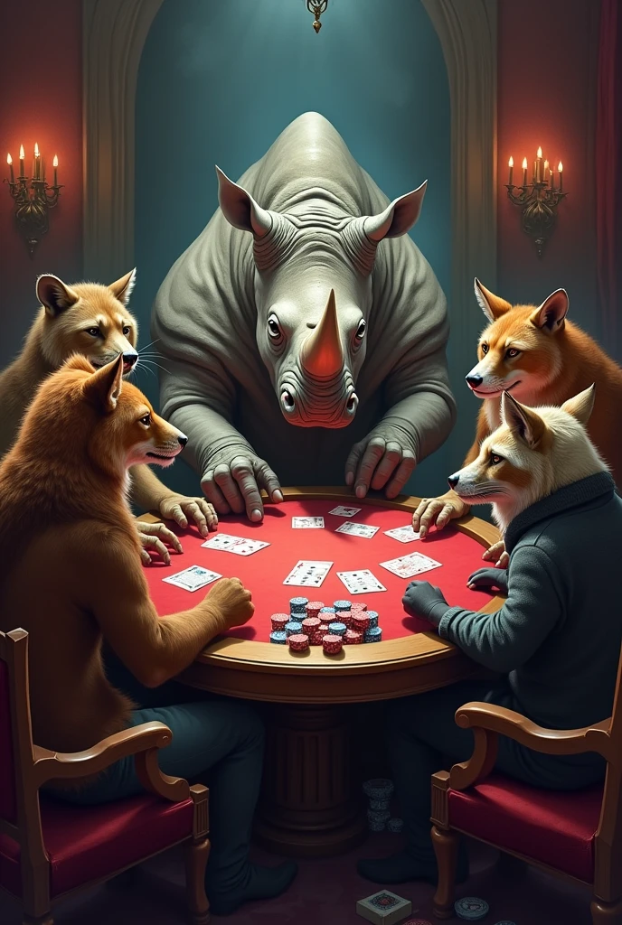 Rhino playing cards with wild animals 