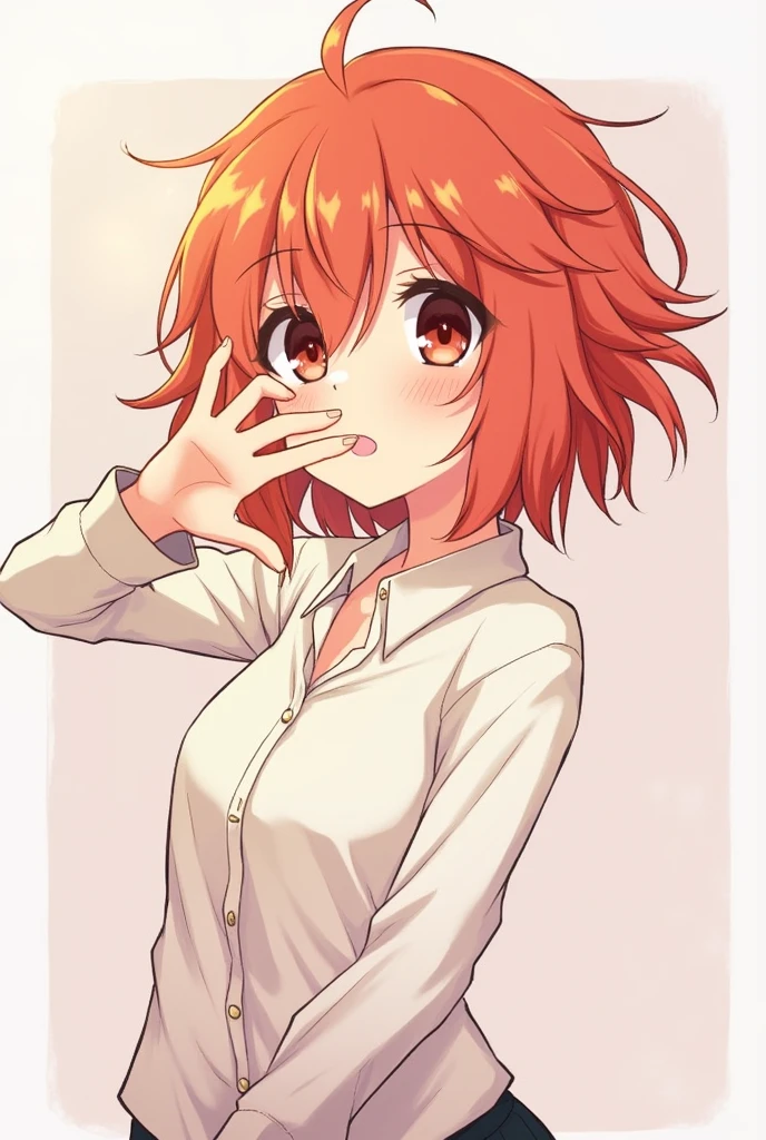 (((1girl))), ((((solo)))), ((messy hairstyle)), standing taking a picture, (((Reddish-yellow hair)), red eyes, soft blouse