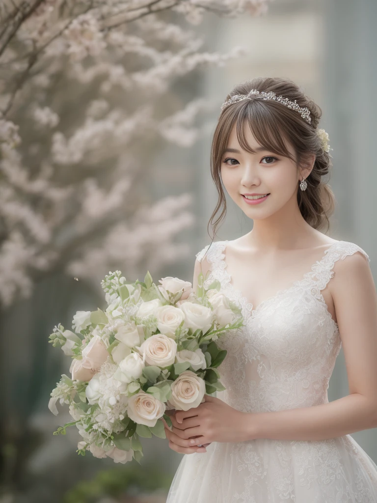 Photo-realistic quality、a woman in a Wedding dress holding a bouquet of flowers、Standing in front of the church、20 year old Japanese model、白のWedding dress,Hanae Mori style wedding dress、Japan idols at 20 years old、lace prom dresses、looking at the camera、Detailed and beautiful eyes、Cute smile、Relaxed and gentle expression、holding a bouquet, Wedding dress, So magical and dreamy、35mm Lens aperture F2.Shot at 8、Full body photo、From head to toe、A wedding dress that spreads wide enough to cover the toes、Narrow waist