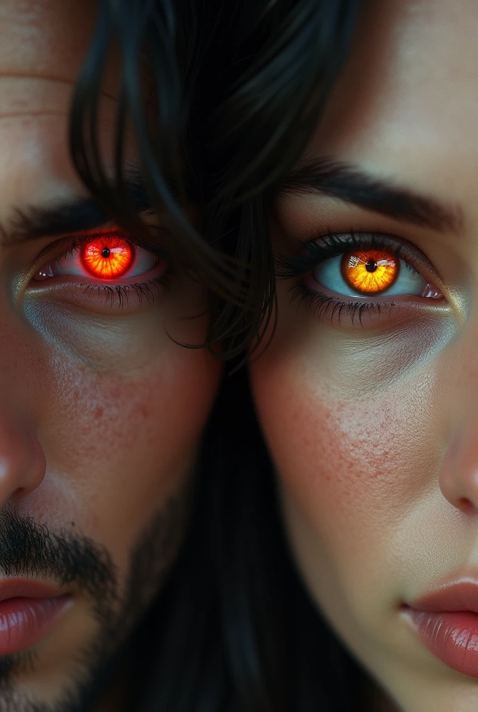 Two looks. A man&#39;s red iris. The other amber gaze of a woman. 