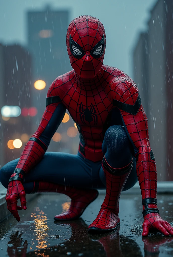 a realistic and detailed 8K photo of Spiderman on a rainy rooftop at night, hyperrealistic, stunning lighting, wet and shiny costume, dramatic pose, cinematic composition, masterpiece