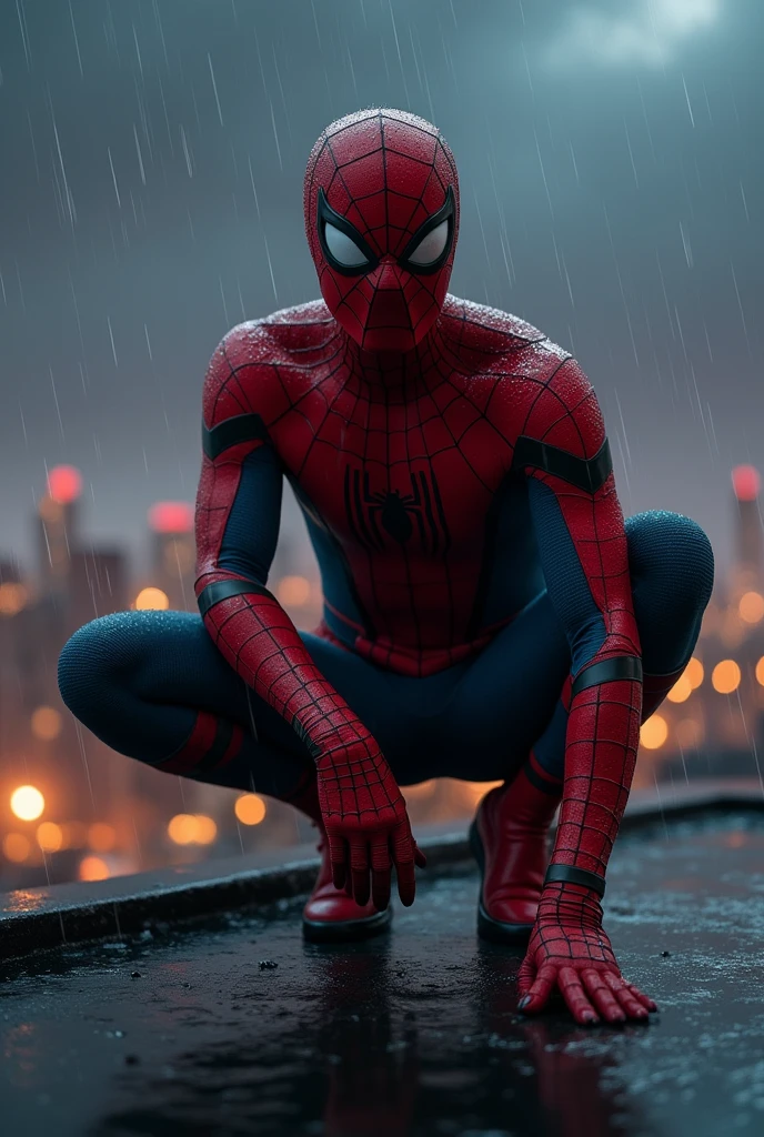 a realistic and detailed 8K photo of Spiderman on a rainy rooftop at night, hyperrealistic, stunning lighting, wet and shiny costume, dramatic pose, cinematic composition, masterpiece