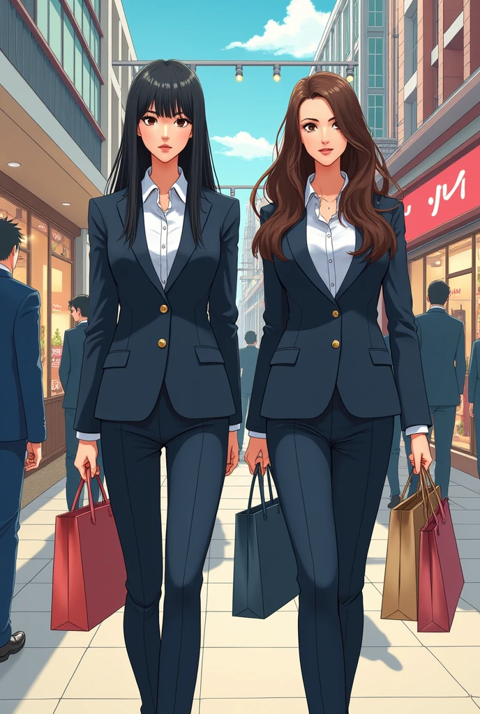 ((A woman with long hair)),Standing on the side of the street,Black Hair,Ladies suits,((Cold expression)),Japanese comic style,Choosing cosmetics in a shopping mall,Shopping。Another woman with long brown hair is next to her,两人手上都提着很多Shopping袋