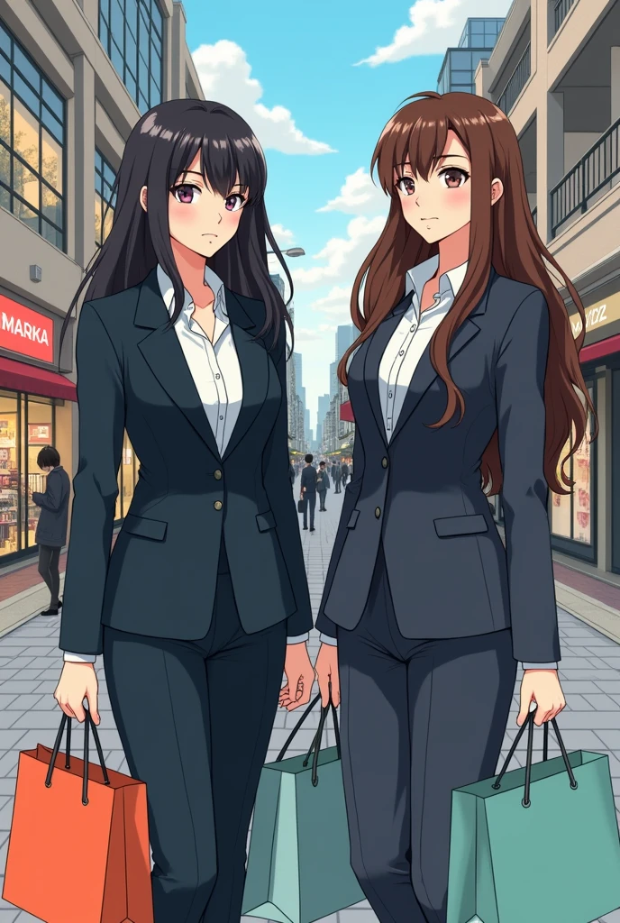 ((A woman with long hair))，Standing on the side of the street，Black Hair，Ladies suits，((Cold expression))，Japanese comic style，Choosing cosmetics in a shopping mall，Shopping。Another woman with long brown hair is next to her，两人手上都提着很多Shopping袋