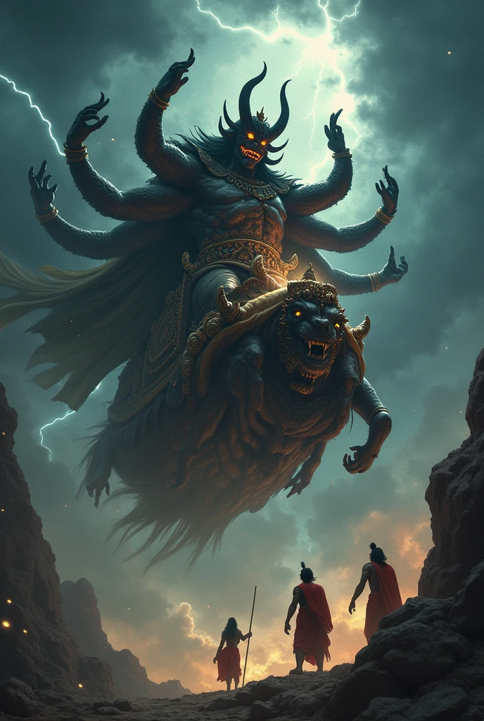 The Abduction of Sita by Ravana**: Show Ravana abducting Sita in his flying chariot, with a dramatic and dark sky, while Rama and Lakshman look on from a distance.