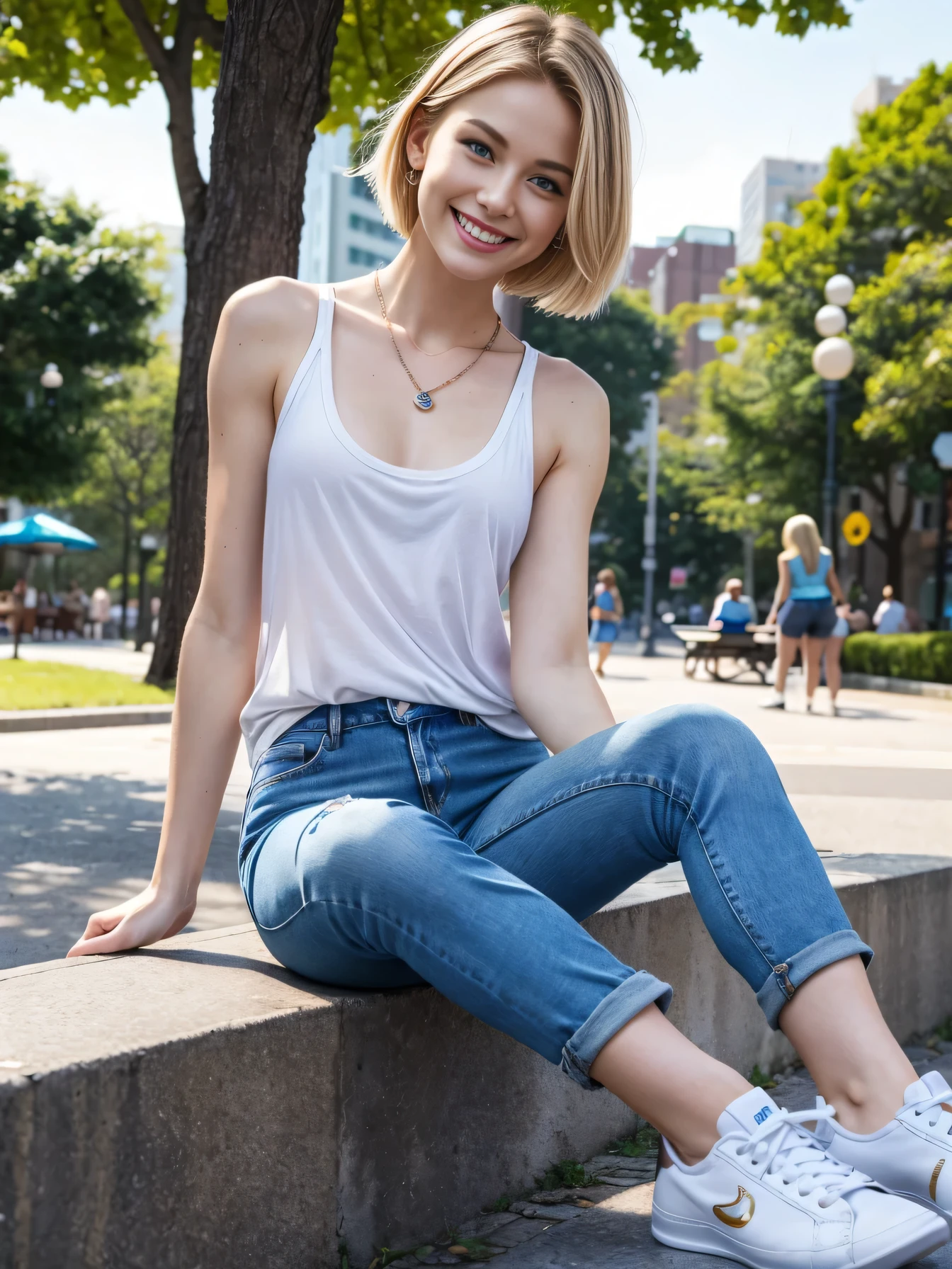 swedish woman, blond short hair, green eyes, 30 years old, eco activist, smile, sitting in the garden, long distance shot, wearing pants and top