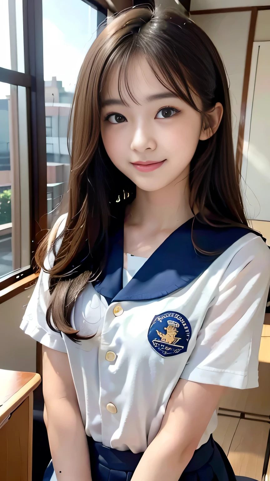 1girl, cute, , smiling, look at viewer, sailor uniform, seifuku, photo, realistic, best quality, hires, detailed face, classroom, detailed background, diffused lighting, depth of field, bokeh