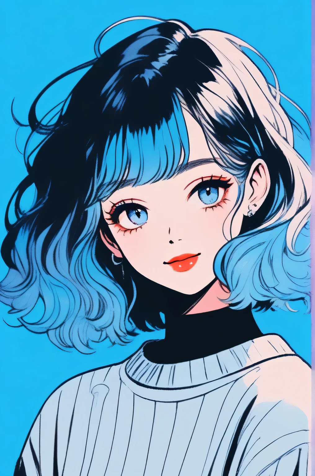 (Highest quality, sketch:1.2),Realistic,Illustrator,アニメ,1 girl, Detailed lips, sweater, custom, Blue gradient background, Neon Hair, Blue Hair, Medium Wavy Hair, Blunt bangs, Friendly, Cute Smile, A kind smile, Texture Cropping, masterpiece, Style: Retro Classic, Dark Black character design, Test model,