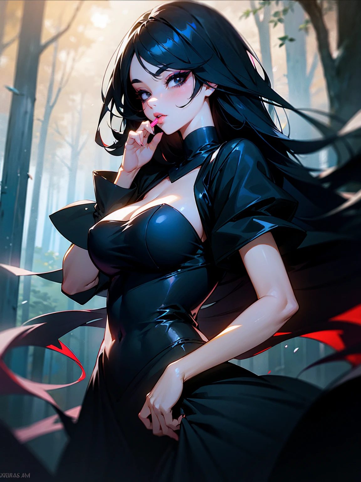 1female, black hair, long hair, black eyes, black dress, busty, beautiful, night, forest, lip gloss, eye shadow