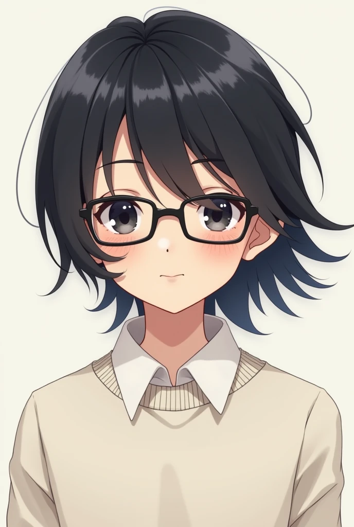 asian boy, anime style, black eyed, with rectangular lenses, with shoulder-length black hair, with white sweater