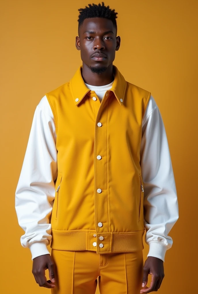 Promotional jacket with white sleeves, small white buttons, The rest should be matte mustard color and something that gives it a special touch