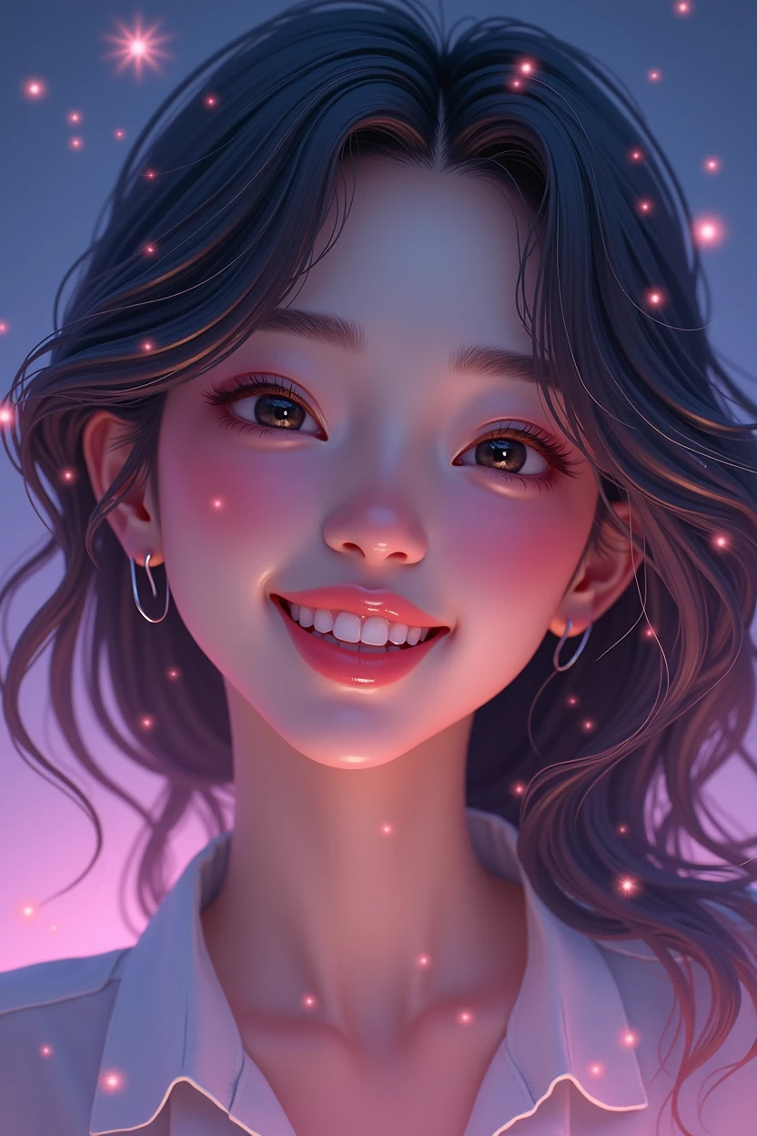A portrait shot of A realistic young woman with korean features. with long, wavy hair colored dark blonde. Cheerfull expression, bright smile. The background is pastel purple/ dark blue with stars