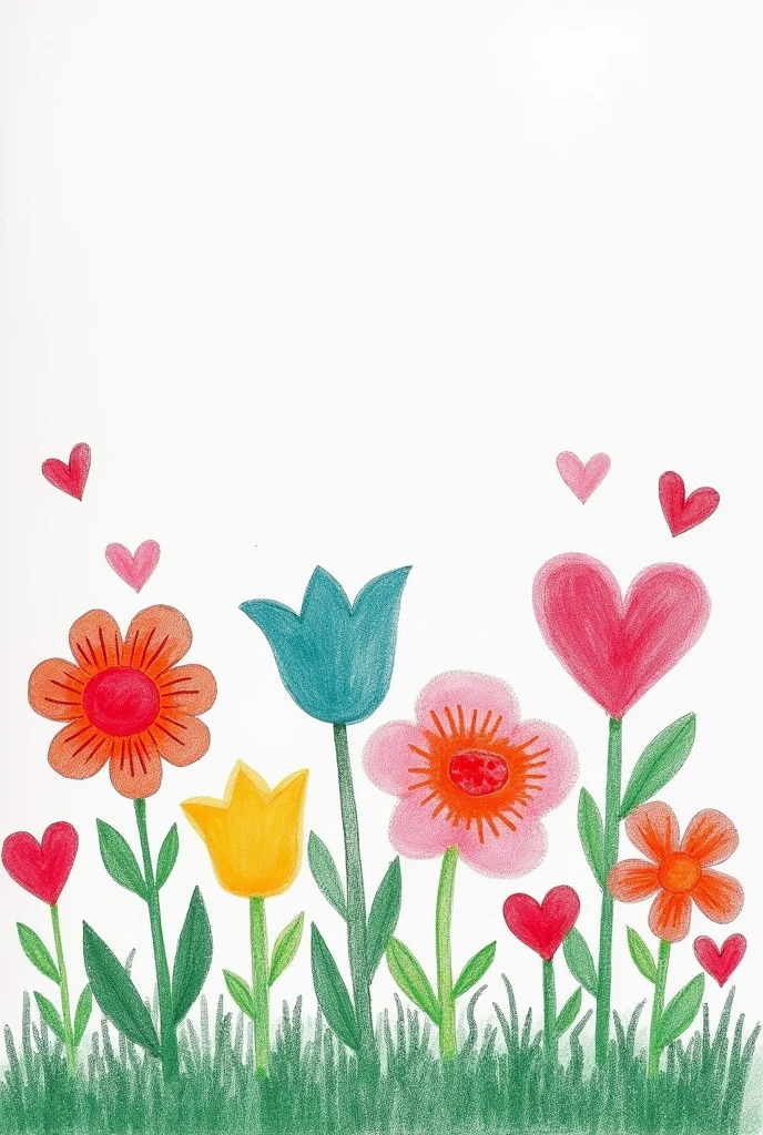 A minimalist garden drawing with colorful flowers made with chalk and hearts but some half-erased wilted flowers with a space above