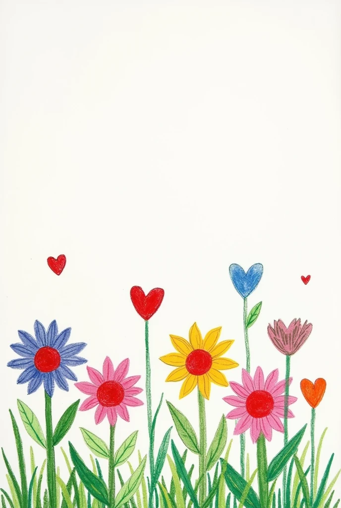 A minimalist garden drawing with colorful flowers made with chalk and hearts but some half-erased wilted flowers with a space above