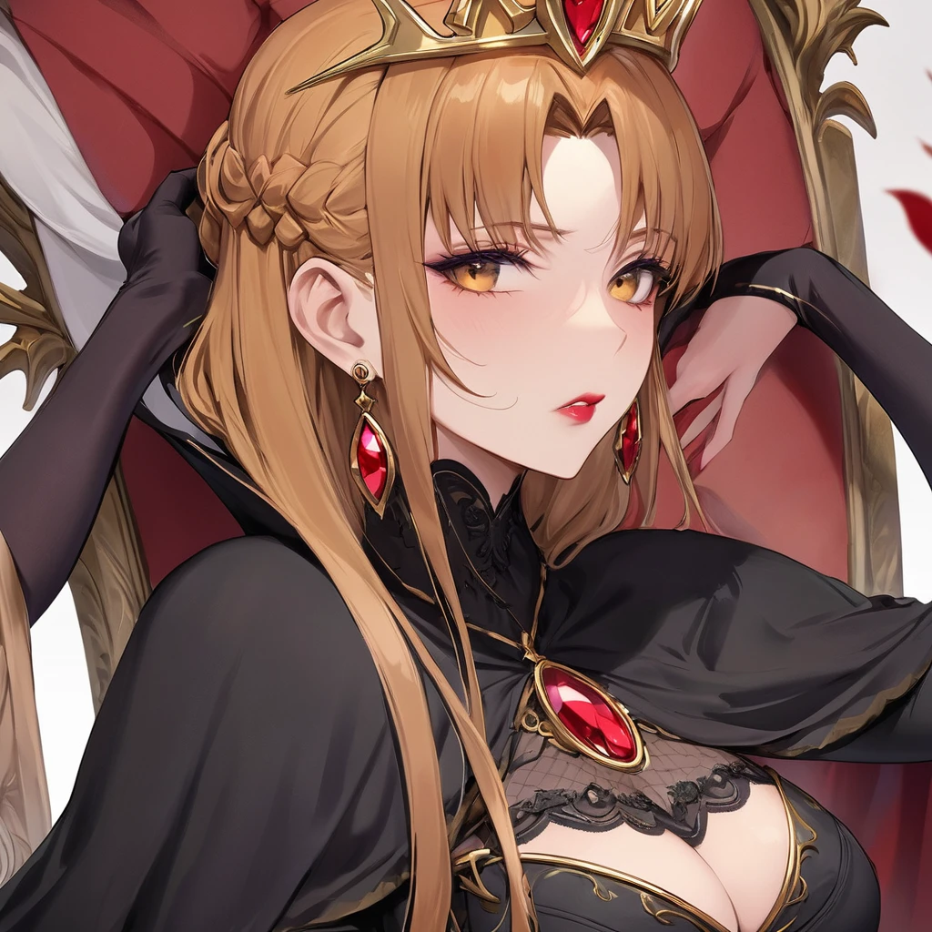 ((Highest quality)), ((masterpiece)), (detailed), (Perfect Face)、The woman is the evil queen Grimhild, Yuki Asuna, with bright brown hair in a semi-long style, wearing lipstick, thick eyeshadow, and heavy makeup.、The woman is dressed as an evil queen, wearing a black Victorian dress with luxurious gold embroidery and trim, a black cowl fitted over her face, luxurious earrings, adorned with lavish accessories, and a magnificent golden crown. She is a beautiful and evil queen, standing and reigning in front of a magnificent throne. She possesses majesty, elegance, and grace, with a stunning figure and a captivatingly alluring beauty, making her an absolutely stunning woman.