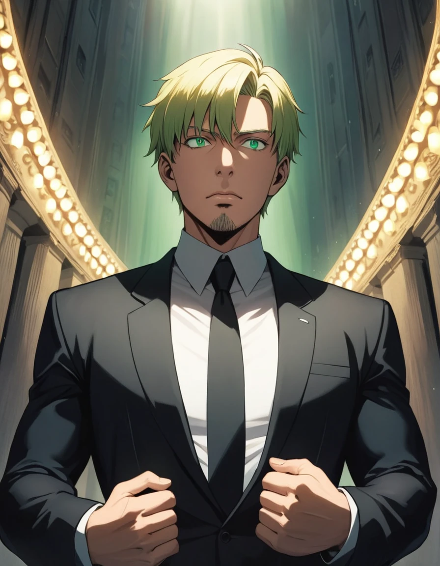 1man, man in black, handsome mature, business hair with short asymmetrical bangs, little goatee, green platina blond hair, emerald eyes, BREAK 45yo, charming caucasian, slightly long chiseled face, deep set, angular jaw, facial wrinkles, crewcut, BREAK ideal ratio body proportions, toned muscular, beautiful detailed eyes, dark hero, best eyes, BREAK solo, funeral black suit, black necktie, white shirt, at wall street, detailed background, gloom, cool expression, natural standing, looking away, BREAK upperlegs, dramatic expression, in korean illustration style, masculine comic art, 2010s, retro visual novel, in persona style, dutch angle, cinematic shadows, cinematic lighting, lens flare, light leaks, texture, absurdres absolutely resolution, extreme all detailed, greatest painting, BREAK masterpiece, best quality