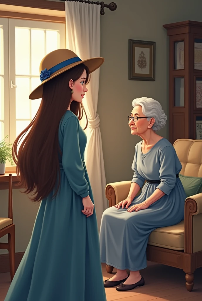 in the blue long dress, with long brown hair, round hat with the blue ribbon is talking with her grandmother at the living room