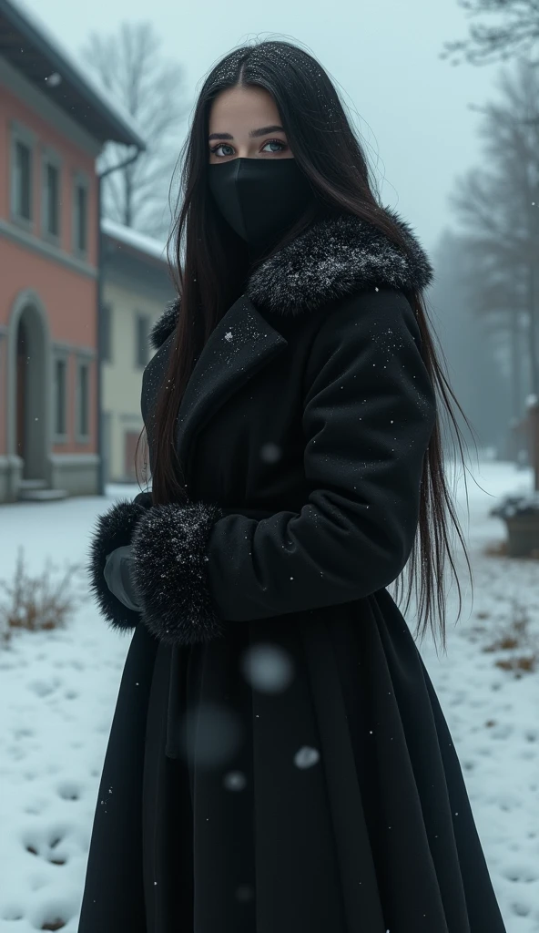 (Extremely detailed CG:1.2), (Masterpiece:1.2), (The best quality:1.2),,((absurdities)),looking at the viewer,whole body,,(1girl),only, slavic girl,  in blackmedicalmask,  (long dark hair),in Italy village, snowy winter, snowfall,  traveling wearing 
black fur clothes ,Dynamic Angle,Standing,dynamic pose,((Delicate facial features)),(black eyes)