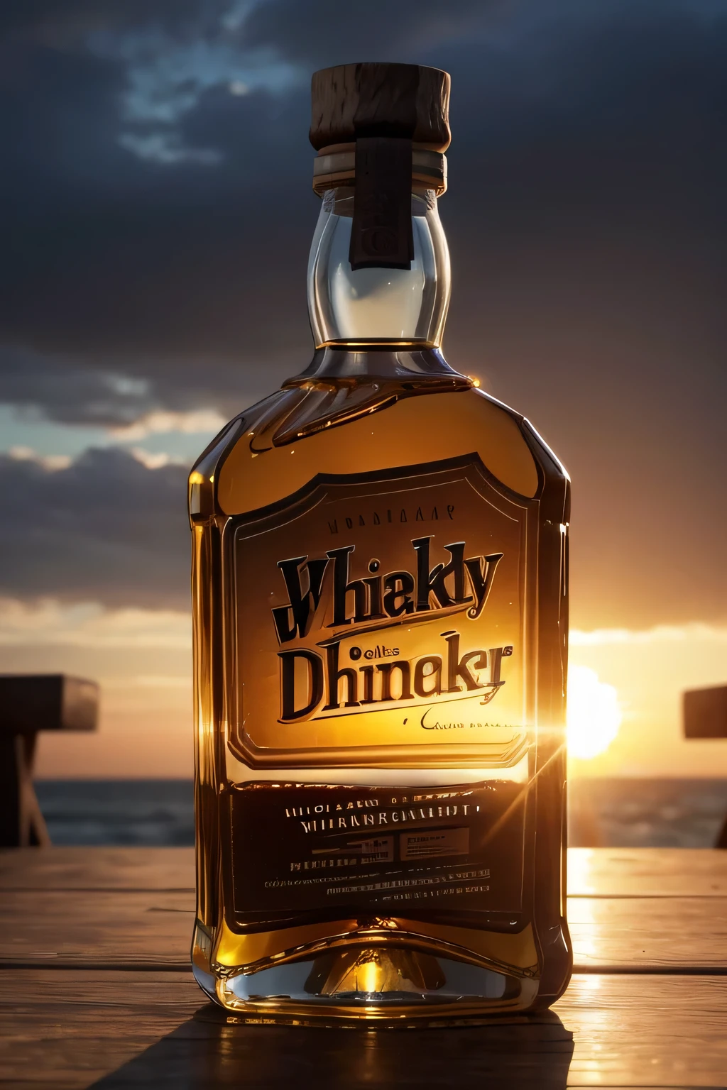 Ultra realistic whiskey bottle with sun glare on its glass