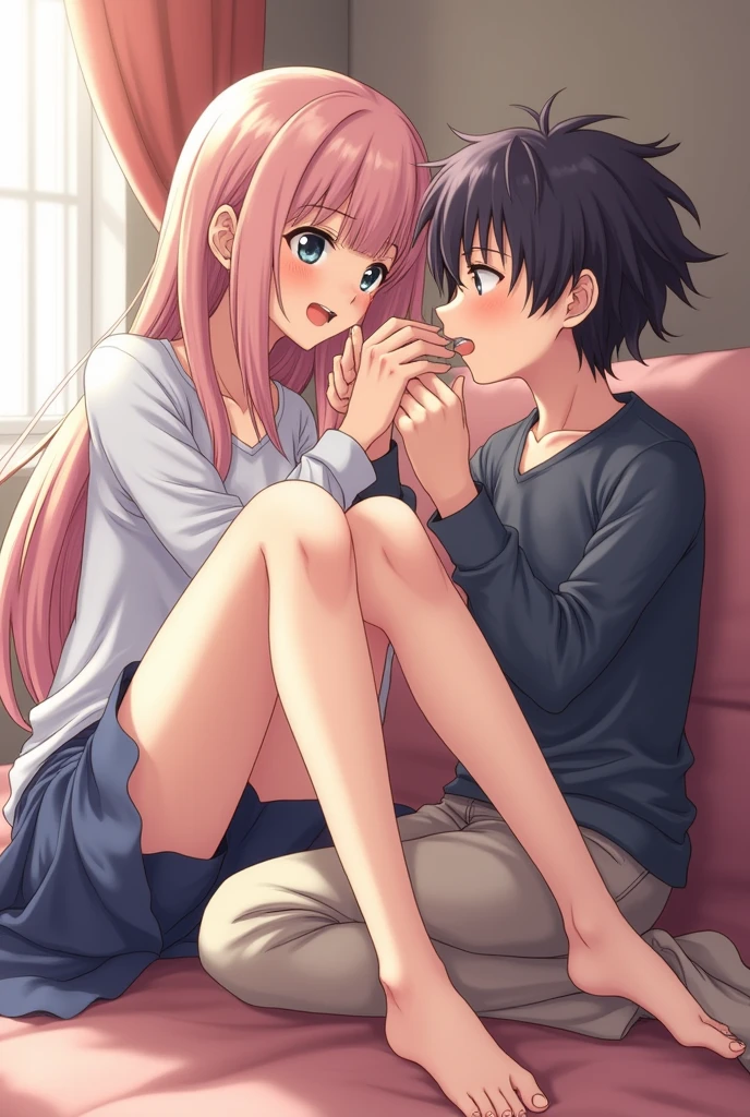 Anime boy sucking anime girl's feet