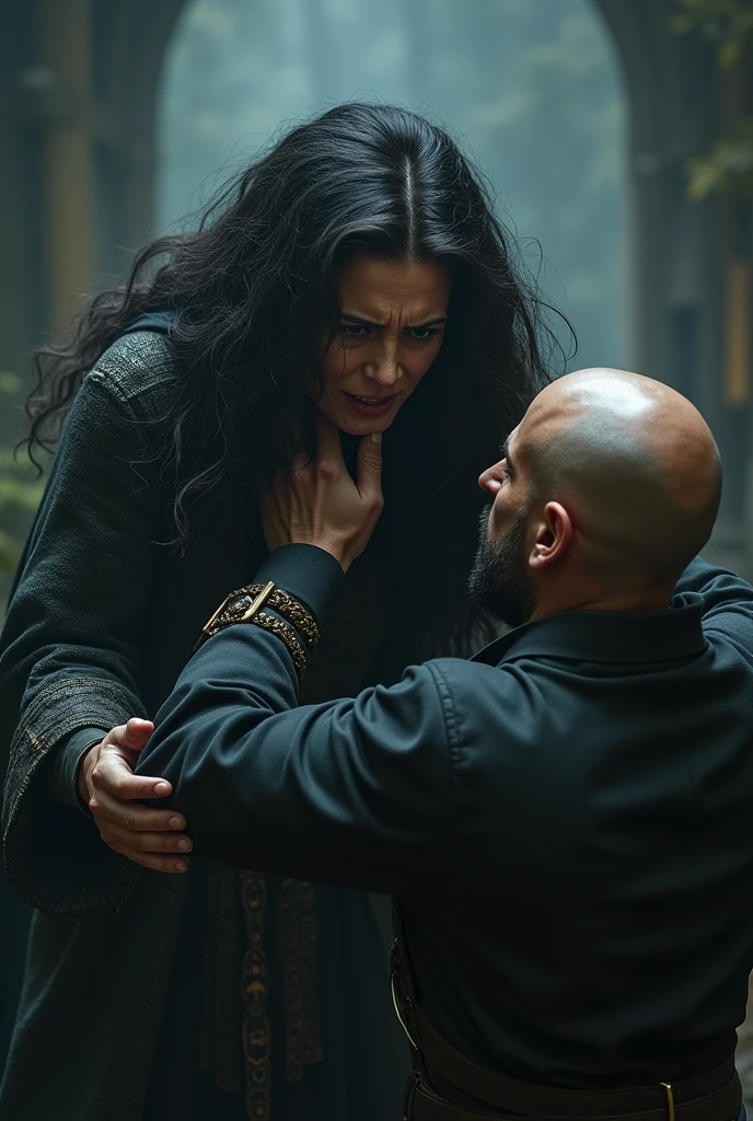 Create a witch being held by her hair by a bald witch hunter