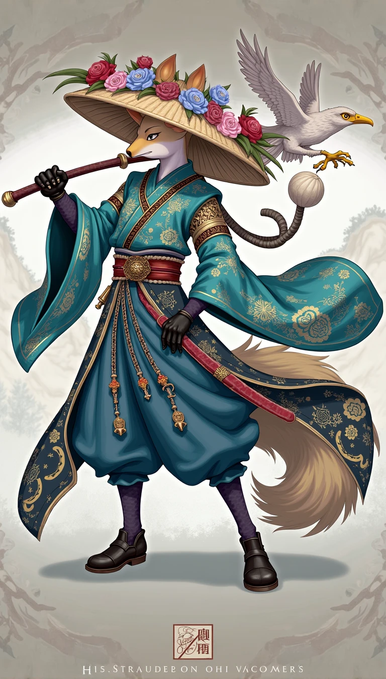 Detailed scene of a humanoid character with fox features, dressed in traditional Japanese clothing inspired by a kimono. The character wears a straw hat decorated with flowers and other elegant ornaments.. He is holding a cane or weapon, and at his side there is an eagle or falcon perched on his arm. The kimono is turquoise with intricate floral designs and gold detailing., highlighting the elegance of the character. The character's posture reflects confidence and serenity. In the background, A natural landscape is observed that could be a