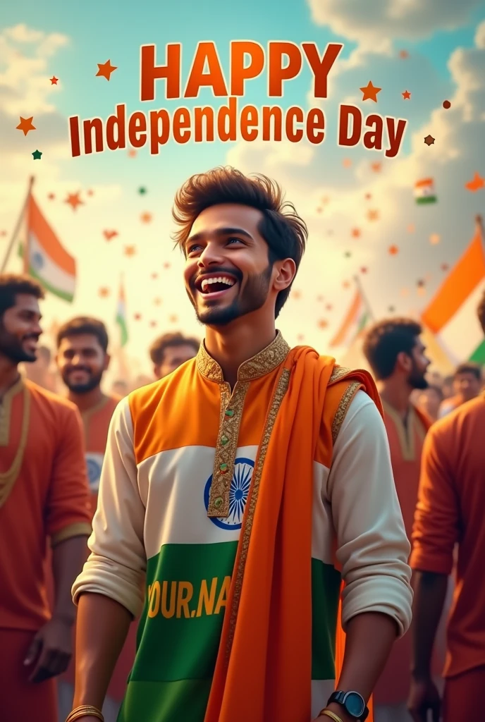 Generate a real-life image of a 21-year-old (boy) joyfully celebrating Indian Independence Day. The individual is dressed in traditional Indian attire with the name 'YOUR NAME' prominently displayed on their clothing. The sky above them features the words 'Happy Independence Day' in a bold font. The background is alive with a crowd of people celebrating, creating a vibrant and patriotic atmosphere.