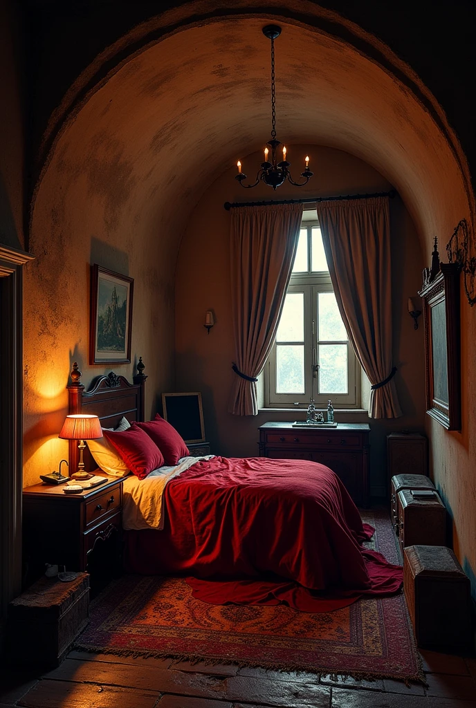 Vampire room, under opera house.  Lived in and warm. With artificial light. He has trinkets and a large bed for 5 to fit in. He writes letters to his crush. Taking to him through the walls. 