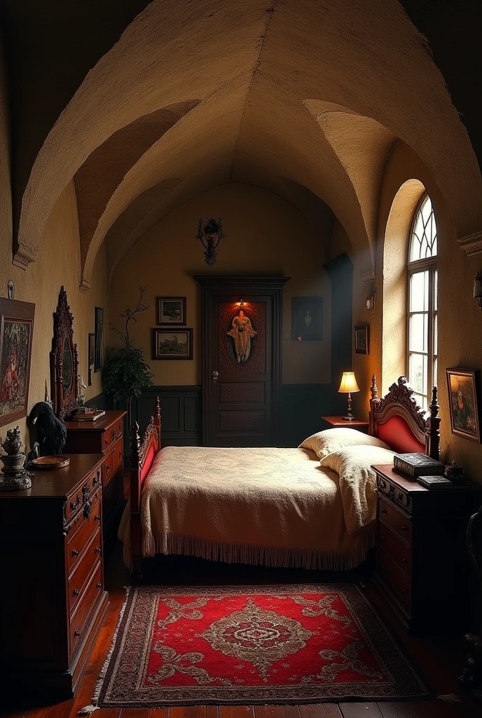 Vampire room, under opera house. Lived in and warm. With artificial light. He has trinkets and a large bed for 5 to fit in. He writes letters to his crush. Taking to him through the walls.