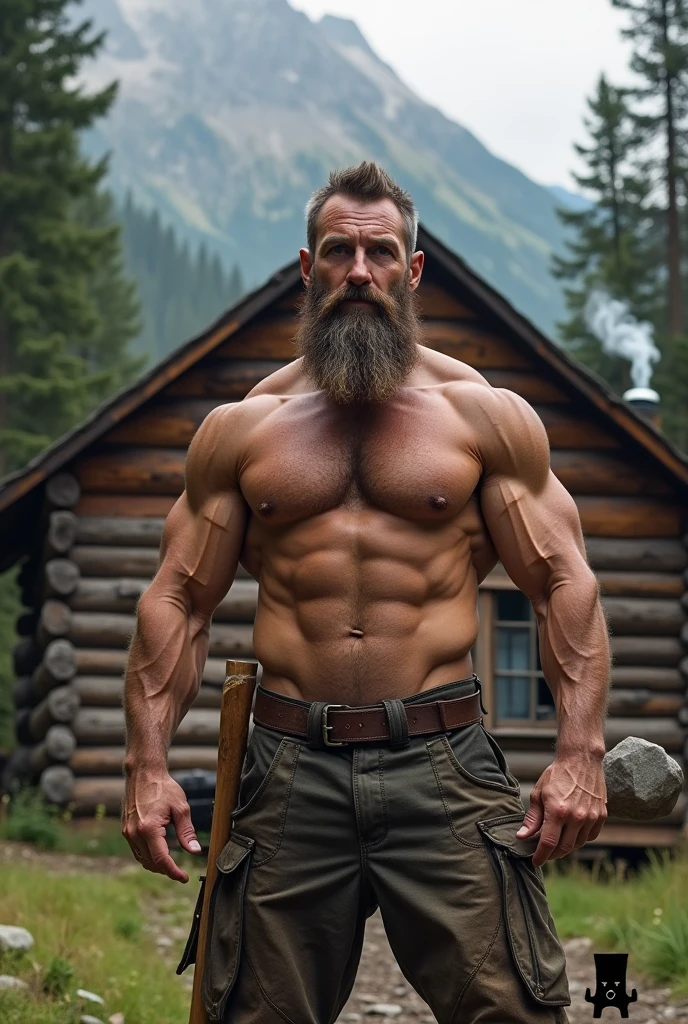 Shirtless muscular lumberjack standing in front of his cabin