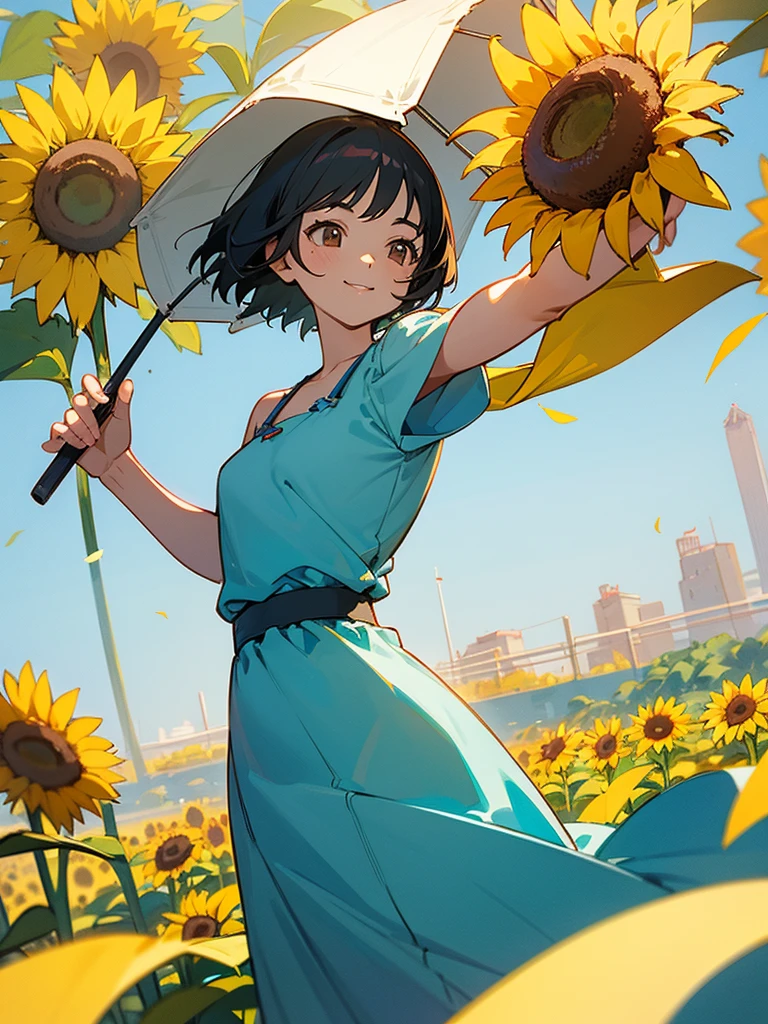 master piece, best quality, for below, cinematic angle, upper body , pigeon toed,
Anime-style Moe illustration, summer vacation theme, 20-year-old woman, sunflower field, short hair,
Picnic Maxi Dress, slightly inner thighs, smile, accurate drawing, Active pose, Active Angle,