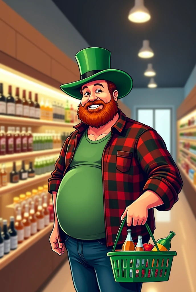 Create an illustration for a 25 cm high by 40 cm wide sign. The image should show a slightly overweight man around 60 years old wearing a green top hat and a slightly red beard., but pulled more towards brown black and red plaid shirt with the sleeve rolled up on the arm, not cartoon style, with short brown hair and a friendly smile and a more masculine face and body. He is wearing a green shirt and jeans.. The man is in the aisle of a modern market, illuminated with warm and inviting colors. On the shelves in the background, there is a variety of drinks arranged neatly, like wine bottles, beer and soft drinks.
The man is holding a green shopping basket in his right hand, which is full of different bottles and products. The basket must be clearly visible, standing out in the image. The man's expression is relaxed and satisfied, showing the comfort of using the basket to carry your shopping.
On top of the plate, include the sentence in bold and with a legible and friendly font: 'Your hands deserve a rest. Grab a basket and shop in comfort'. The text must be in Brazilian Portuguese and aligned to complement the image., without overloading the scene.
The overall design should be colorful, with an artistic style that is both modern and playful, using a bright, contrasting color palette that captures customers' attention and encourages them to use the baskets available. The composition must be balanced, focusing on both character and message, creating a harmonious and effective image.