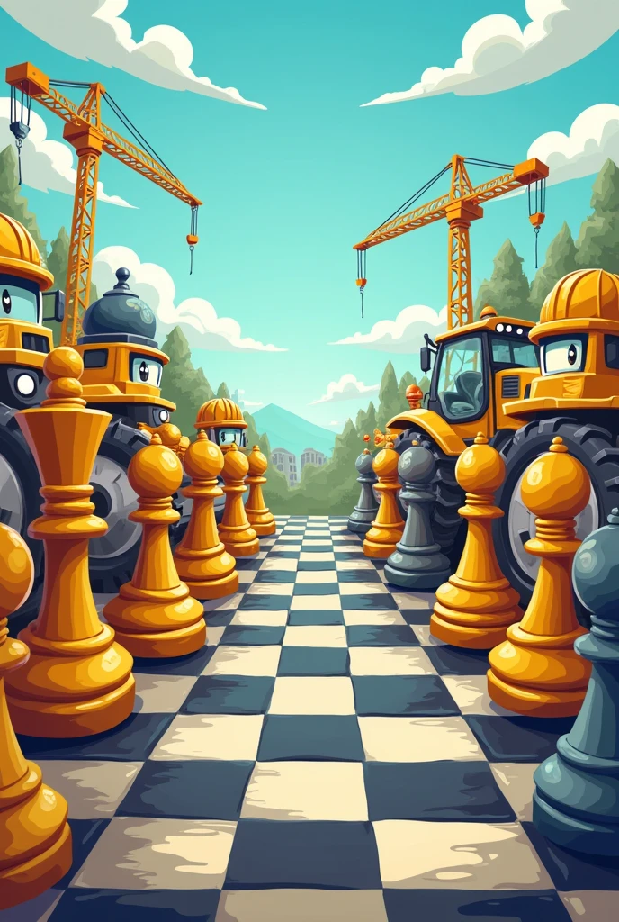 Cartoon image of a chessboard with construction machinery and construction workers as chess pieces.