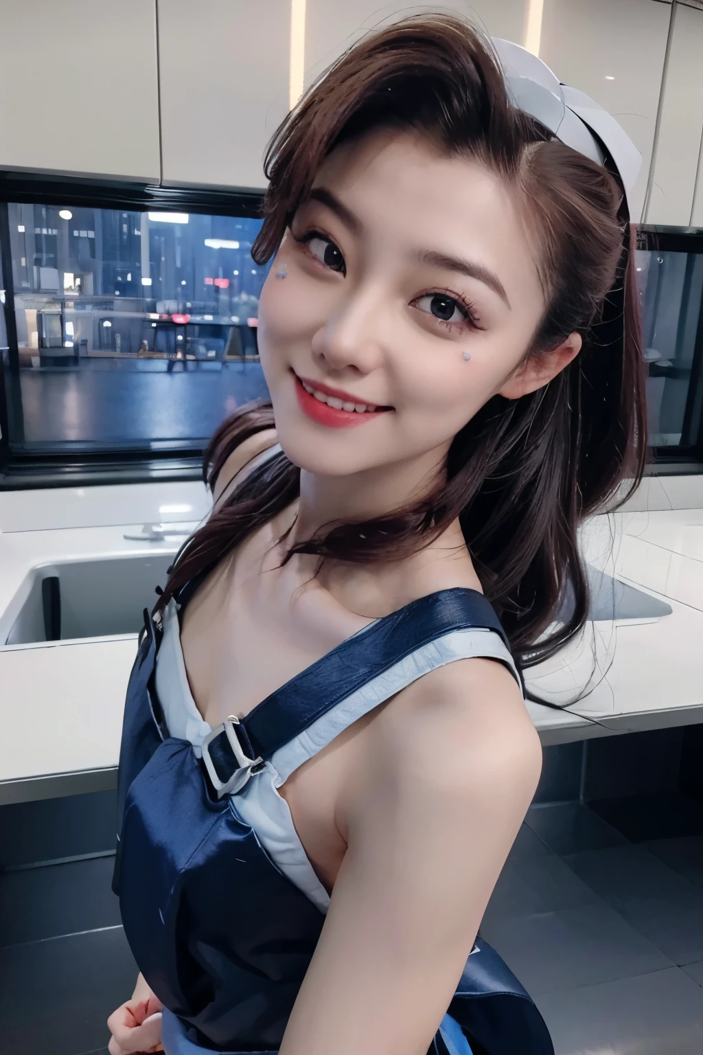 ((midnight, need, 8K, masterpiece:1.3)), A woman is cooking、(kitchen_apron:1.Wear 3)、Good Hand、4K、high resolution、masterpiece、Top quality、cap:1.3、((Hasselblad Photo))、Delicate skin、Sharp focus、(Movie-like lighting)、Soft lighting、Dynamic Angle、[:(Detailed face:1.2):0.2]、Big 、Sweating:1.2、(((在kitchen))) Lovely smile　The viewer's perspective　Big Breasts　tie hair　sleeveless　Extend your upper arm　Protruding shoulders　Cleanliness　大kitchen　美丽的kitchen　Wine Glass　Rear view　behind　Defender　Tie your hair up