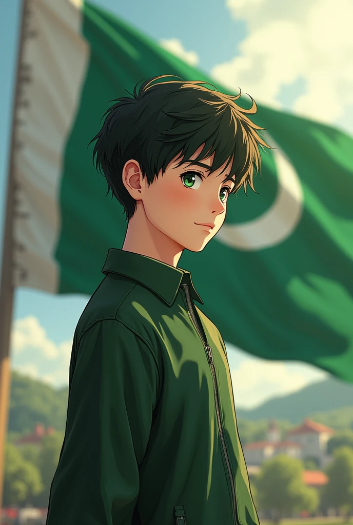 Pakistan flag with 14august 3d image with anime 18 year old boy