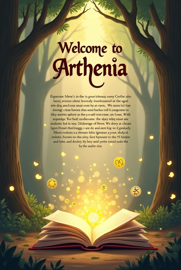 Design an introduction page that captures the magical essence of the story "Kieran and the Crimson Amulet." The background should be a soft, mystical forest scene with ancient trees that have faintly glowing runes carved into their bark. A gentle, golden light filters through the tree canopy, creating a warm and inviting atmosphere. At the center of the page, include an open book or scroll with magical symbols floating above it, hinting at the secrets and adventures to come. Around the border of the page, add subtle, whimsical illustrations of Kieran’s companions—a small, elegant elf archer, a kind-hearted ogre, and a half-dryad, each with their unique attributes. The text "Welcome to Arthenia" should be at the top in an enchanting, ancient-style font, with the introduction text displayed in a clear, easy-to-read font beneath it. The overall mood should be welcoming and full of wonder, drawing the reader into the magical world of Arthenia.