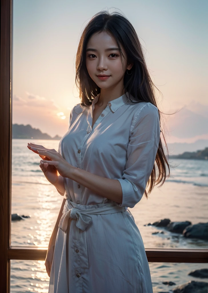 (1 female)、Highest quality、masterpiece、Ultra-high resolution、(Photographic realism:1.4)、Original photo,Octane Rendering、8k、Ultra Sharp、Extremely detailed CG),(((8k))),wallpaper,((Very sophisticated and beautiful)),(((masterpiece))),(((Highest quality))),(((Ultra-high resolution))),Beautiful lighting，Perfect Lightning,Realistic shadows，Beautiful sunset in the background、Oriental、Summer evening、Sunset、The Sunset Sun、horizon、Focus on the front.Proper body balance,Beautiful Hands,Beautiful fingers,Detailed functions of the fingers,Bright smile,
