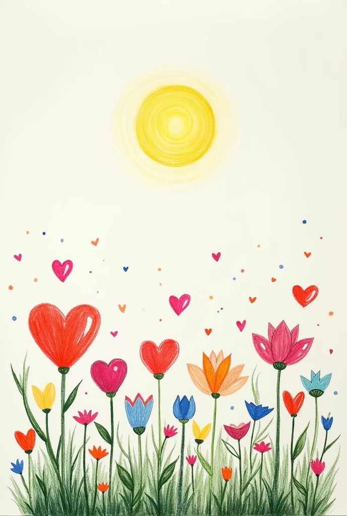A minimalist garden drawing with colorful floats made with chalk and hearts but some withered flowers with a space above