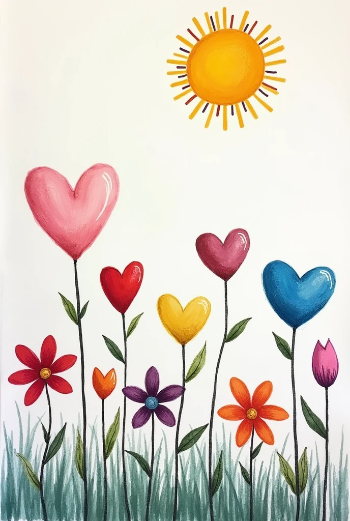 A minimalist garden drawing with colorful floats made with chalk and hearts but some withered flowers with a space above