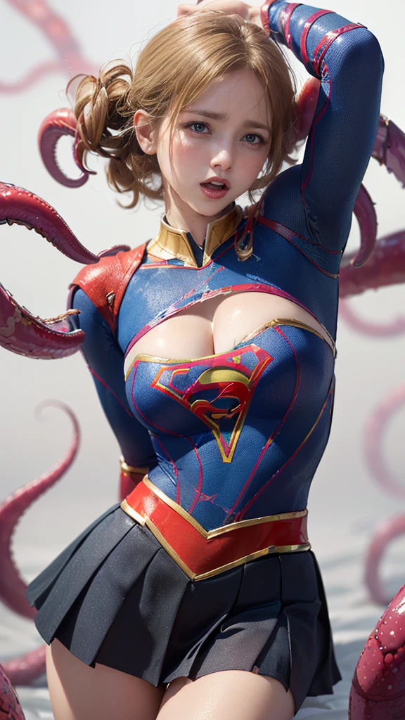 (8k、Highest quality、masterpiece:1.2)、(realism、Realistic:1.37)、Ultra-high resolution、(Highest quality)、(masterpiece)、Two Supergirls、Two beautiful girls、(Perfect body、Exactly、Perfect Thighs)、(((Wearing the Supergirl suit、skirt、Corruption、Torn、Torn服、Bare thighs、 Exposed arms、Cleavage、Beautiful breasts)))、cold々funny Face、Straight hair、Show your lips。(((Tattered clothes、Too much exposure、Torn clothes、引き裂かれたskirt、ボロボロのskirt)))、(((Background is a prison、Put your hands behind your head、Surrounded by tentacles、The body is connected by many tentacles..,、Hands bound by tentacles、Her legs are tied with tentacles、Tentacles touching the whole body、Sleep on your back on the ground、Sleep on your back))),(Open your mouth、scream、painでうめき声をあげる, painを感じ, Flowing Tears:1.5), pain, I&#39;m in pain and crying、A meat stick is stuck in his crotch、