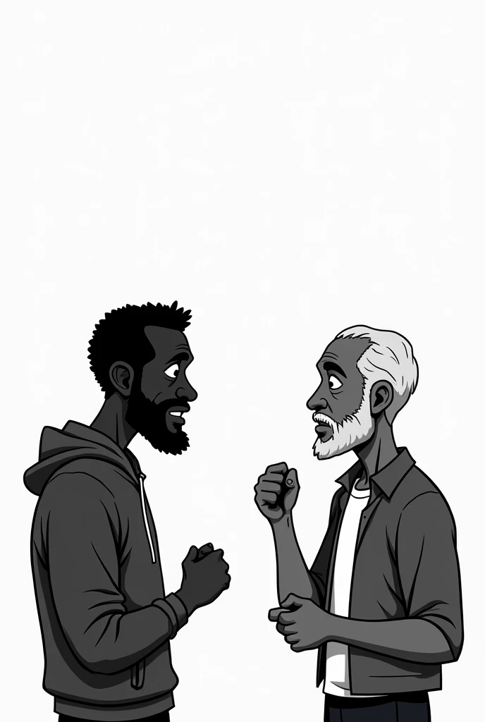Black and white man talking about the slave trade, style cartoon
