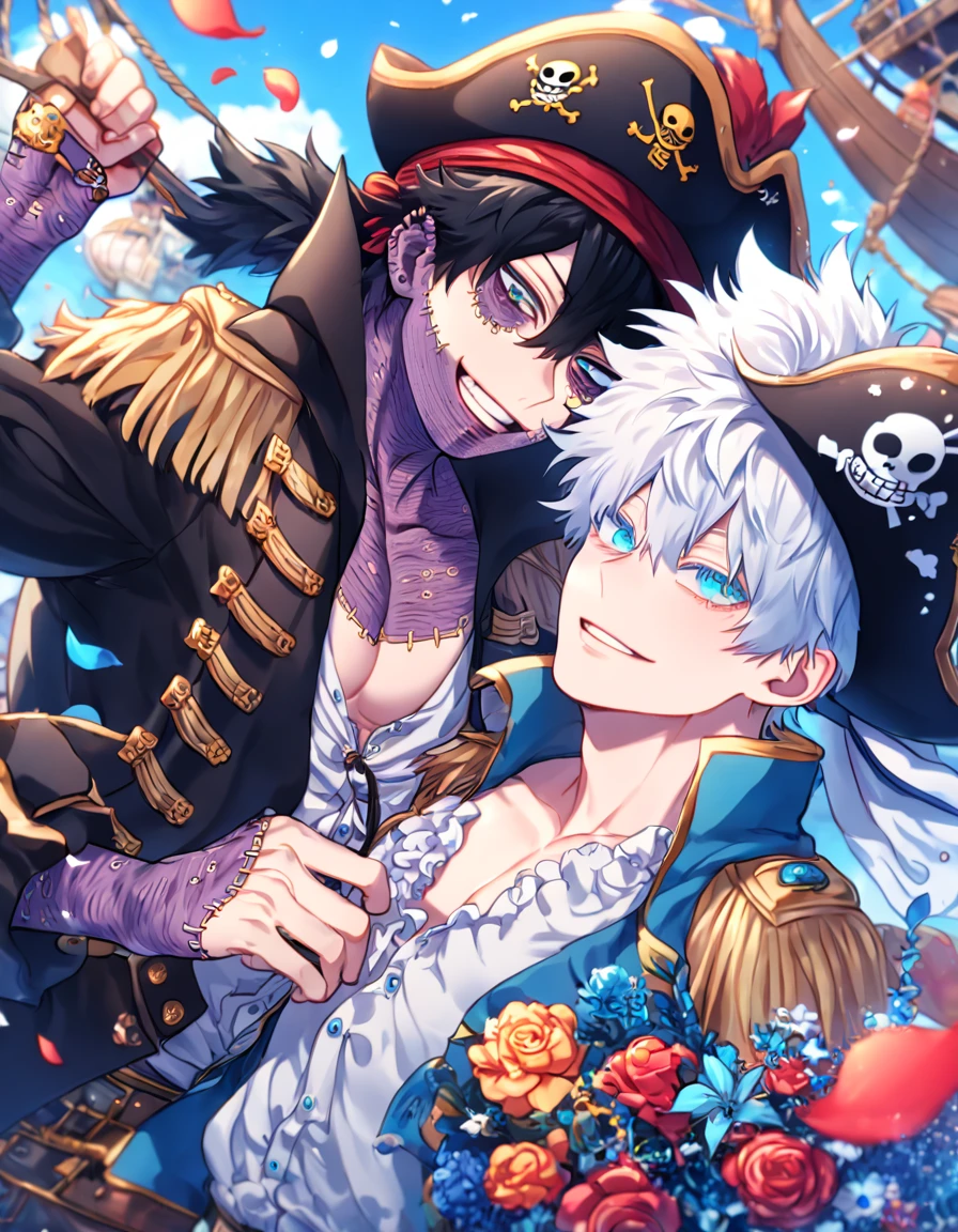 absurdres, highres, ultra detailed, HDR, master piece, best quality, extremely detailed face, delicated features, Dabi, black hair, expressive turquoise eyes,Boku No Hero Academia, Gojou Satoru, white hair, expressive blue eyes, white eyelashes, two sexy men together, yaoi, gay couple, handsome, manly man, pirate clothes, pirate hat, pirates, accessories, fantasy, magical, pirate ship, blue sky, petals, flowers