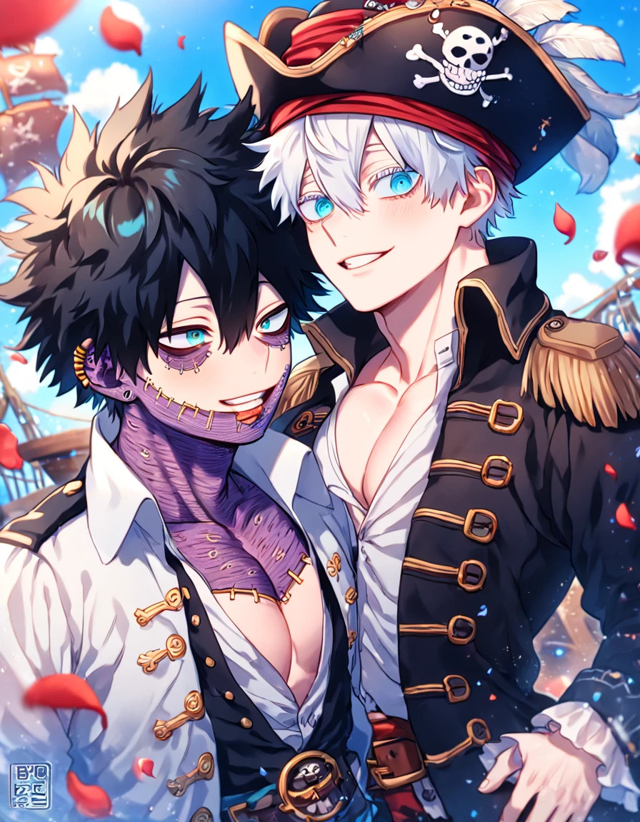 absurdres, highres, ultra detailed, HDR, master piece, best quality, extremely detailed face, delicated features, Dabi, black hair, expressive turquoise eyes,Boku No Hero Academia, Gojou Satoru, white hair, expressive blue eyes, white eyelashes, two sexy men together, yaoi, gay couple, handsome, manly man, pirate clothes, pirate hat, pirates, accessories, fantasy, magical, pirate ship, blue sky, petals, flowers