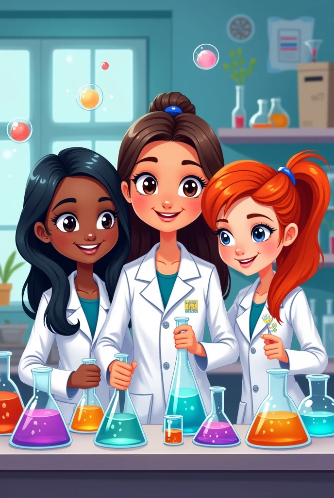 Create a cartoon image with 3 chemistry girls . A dark-skinned brunette with straight black hair, a white girl with brown hair and brown eyes and a redhead