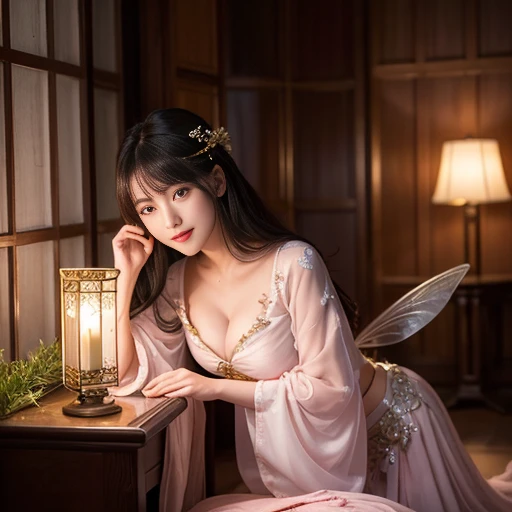 best quality, Delicate face,beautiful visual work, lifelike, eternity, black hair, Long curly hair, blunt bangs, Smile, Detailed Background, Delicate face,blush,cold,((masterpiece))、(top quality)、8k、high detail、Super detailed,21 years old female,Wearing Tang Dynasty Hanfu、waist skirt, Clothes are light and fluffy,Hanfu, wide sleeves, Transparent sleeves, Tunic, Clothes made of chiffon, Seductive and whimsical style、masterpiece、born、Scenes resembling fairy tale illustrations、Intricate details and complex designs、Beautifully、magic、capricious、 Beautifully、Dream aesthetics、「𝓡𝓸𝓶𝓪𝓷𝓽𝓲𝓬、ethereal、charming、fickle、magic」、Realism、Visual effects、FXAA、SSAO、Shaders、voiceless、ambient lighting、Tone mapping、High resolution、Ultra high quality、Million pixels、(8K resolution:1.10)、8k、Below 8K、8K resolution、high detail、intricate details, (high quality:1.2、masterpiece:1.2、:1.21)、(21 years old female:1.21)、(Smile excitedly)、(Surrounded by a dream-like atmosphere、Model diagram,full-body shot,Normal 2 feet,Put your hands behind you,The protrusion of the breast is visible when wearing clothes, Large Breasts, H cup chest, antiquity, Xian Xia, gauze clothes, Soft and fluttering, Fairy, dream, fantasy, light, elegant, nature, Immortal, romantic, classical, ribbon, light pink clothes, By the stream