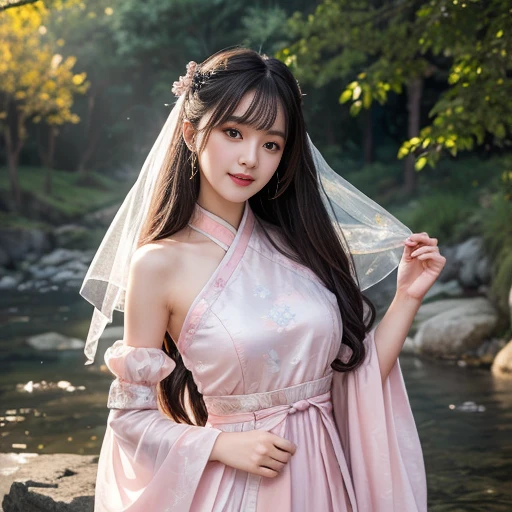 best quality, Delicate face,beautiful visual work, lifelike, eternity, black hair, Long curly hair, blunt bangs, Smile, Detailed Background, Delicate face,blush,cold,((masterpiece))、(top quality)、8k、high detail、Super detailed,21 years old female,Wearing Tang Dynasty Hanfu、waist skirt, Clothes are light and fluffy,Hanfu, wide sleeves, Transparent sleeves, Tunic, Clothes made of chiffon, Seductive and whimsical style、masterpiece、born、Scenes resembling fairy tale illustrations、Intricate details and complex designs、Beautifully、magic、capricious、 Beautifully、Dream aesthetics、「𝓡𝓸𝓶𝓪𝓷𝓽𝓲𝓬、ethereal、charming、fickle、magic」、Realism、Visual effects、FXAA、SSAO、Shaders、voiceless、ambient lighting、Tone mapping、High resolution、Ultra high quality、Million pixels、(8K resolution:1.10)、8k、Below 8K、8K resolution、high detail、intricate details, (high quality:1.2、masterpiece:1.2、:1.21)、(21 years old female:1.21)、(Smile excitedly)、(Surrounded by a dream-like atmosphere、Model diagram,full-body shot,Normal 2 feet,Put your hands behind you,The protrusion of the breast is visible when wearing clothes, Large Breasts, H cup chest, antiquity, Xian Xia, gauze clothes, Soft and fluttering, Fairy, dream, fantasy, light, elegant, nature, Immortal, romantic, classical, ribbon, light pink clothes, By the stream