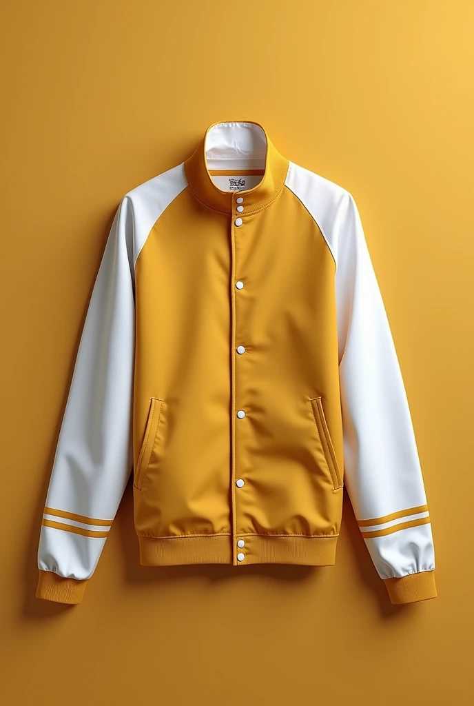 Promotional jacket with white sleeves, small white buttons, The rest should be matte mustard color and something that gives it a special touch, At the end of the sleeves there are horizontal matte mustard-colored stripes