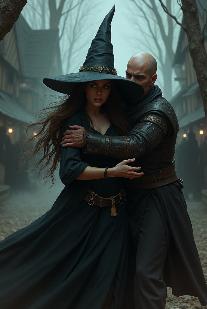 Create a witch being held by her hair by a bald witch hunter. put a witch hat on the witch
