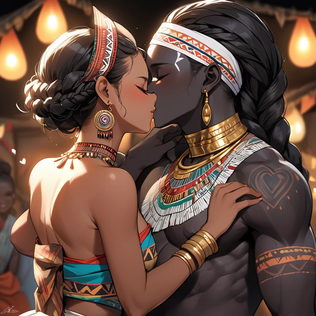 ((Highest quality)), ((masterpiece)), (detailed), (Perfect Face)、The woman is wearing the tribe's bridal attire, embracing the tribal man tightly, sharing a deep kiss, expressing their love for each other, and celebrating their wedding.、The woman has bright black skin、(Ghana braids with strong curly hair slicked back)、Black, dark skinned, African native tribal woman、The amount of hair is small、Black Hair、Very short curly hair、Ghana braid hair, finely and delicately braided into Ghana braids and slicked back、Her hair is braided and thin, and she wears a tribal headdress and a tribal headscarf.、African black woman beautifully dressed in tribal clothing, tribal earrings and tribal accessories, wearing tribal makeup、A beautiful tribal woman with tattoos all over her body、Women in tribal village night rituals、The woman's hair is dyed black by the other women in the village and styled like an African woman's.