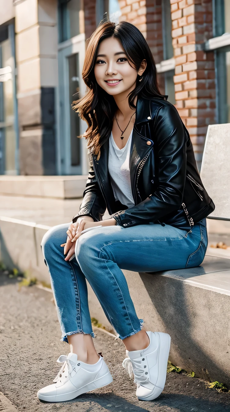 Super Resolution、Beautiful Korean Women、Full body photo、sitting on a park bench、short hair、Black Hair、Wavy Hair、ear piercing、necklace、leather jacket、shirt、Skinny jeans、sneakers、smile、Beautiful teeth alignment
